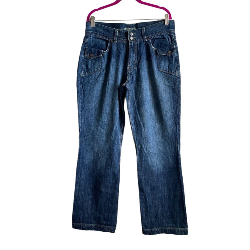 Of The Earth Jeans Wide Leg Denim Boho Organic Cotton Utility Pants Womens Sz 36